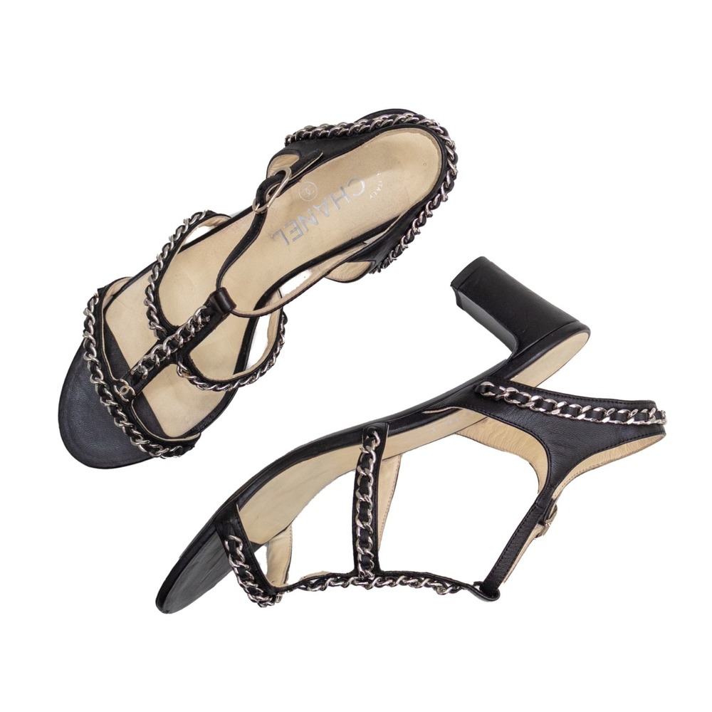 Chanel Black Leather Chain Strap Heeled‎ Sandals US 8.5 Ankle Strap CC Logo
